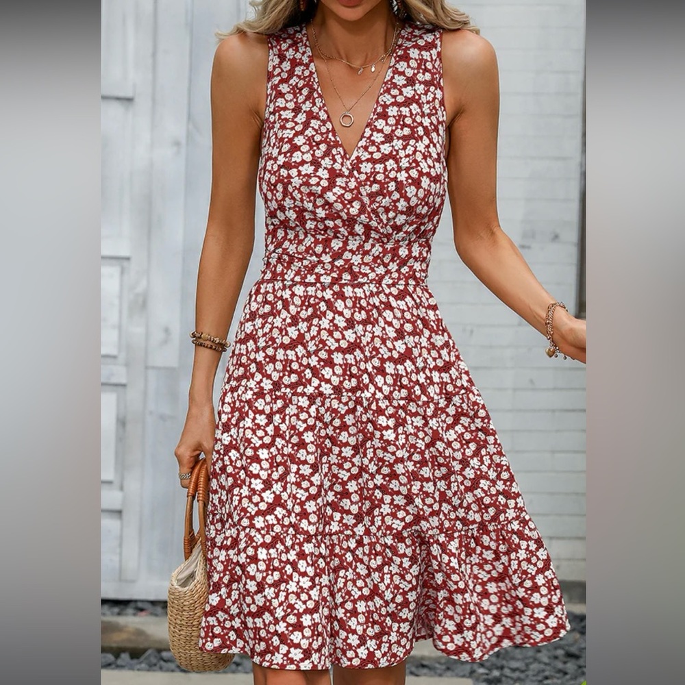 Floral Print V Neck Dress - Dark red - size XL - new